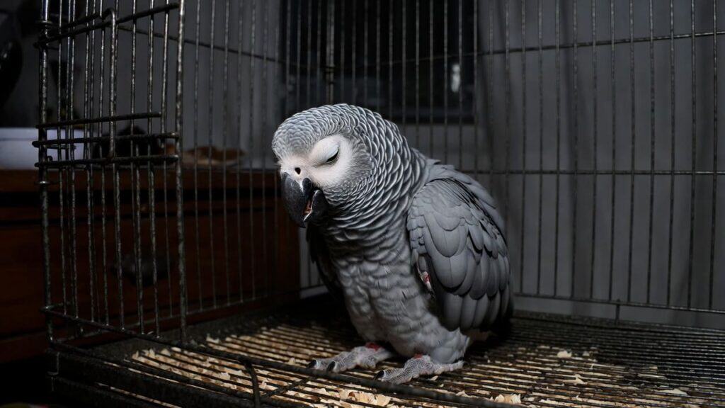 Close-up of an African Grey Parrot inside its cage, showcasing its detailed feathers and calm demean.