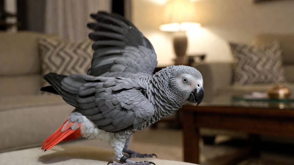 African Grey Parrot with grey feathers and red tail, perched indoors.