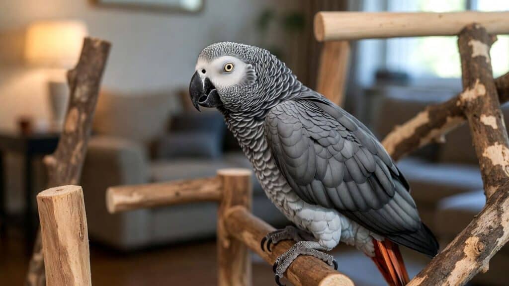 African Grey Parrot perched on a wooden perch indoors.
