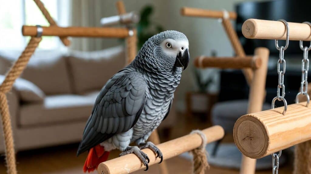 African Grey Parrot perched on a wooden perch in a cozy indoor setting.