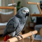 African Grey Parrot perched on a wooden perch in a cozy indoor setting.