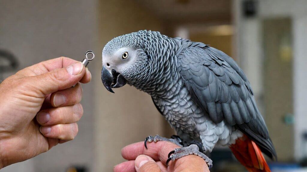 African Grey parrot adjusting to a new home environment