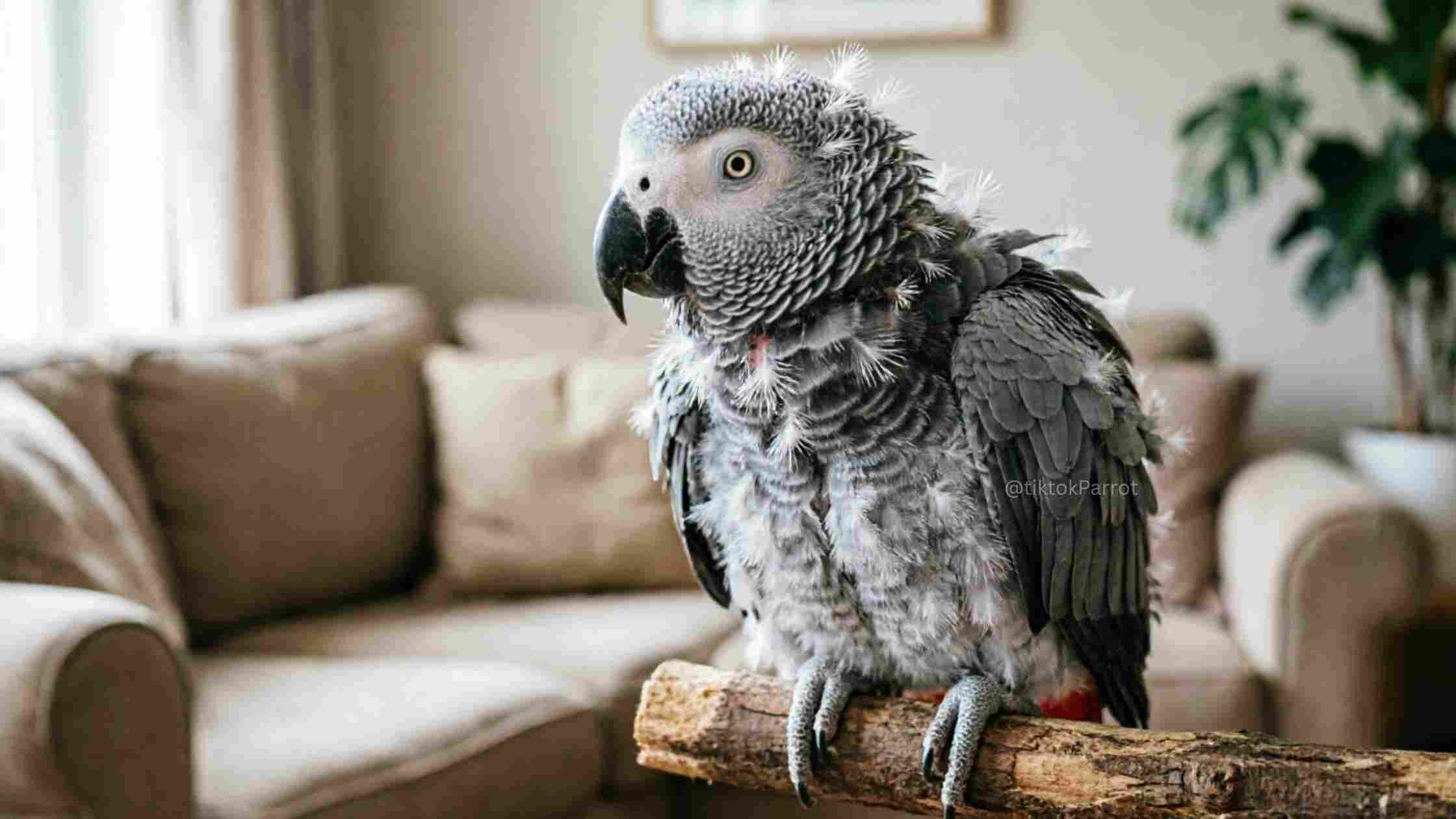 African Grey Parrot perched indoors during molting process.