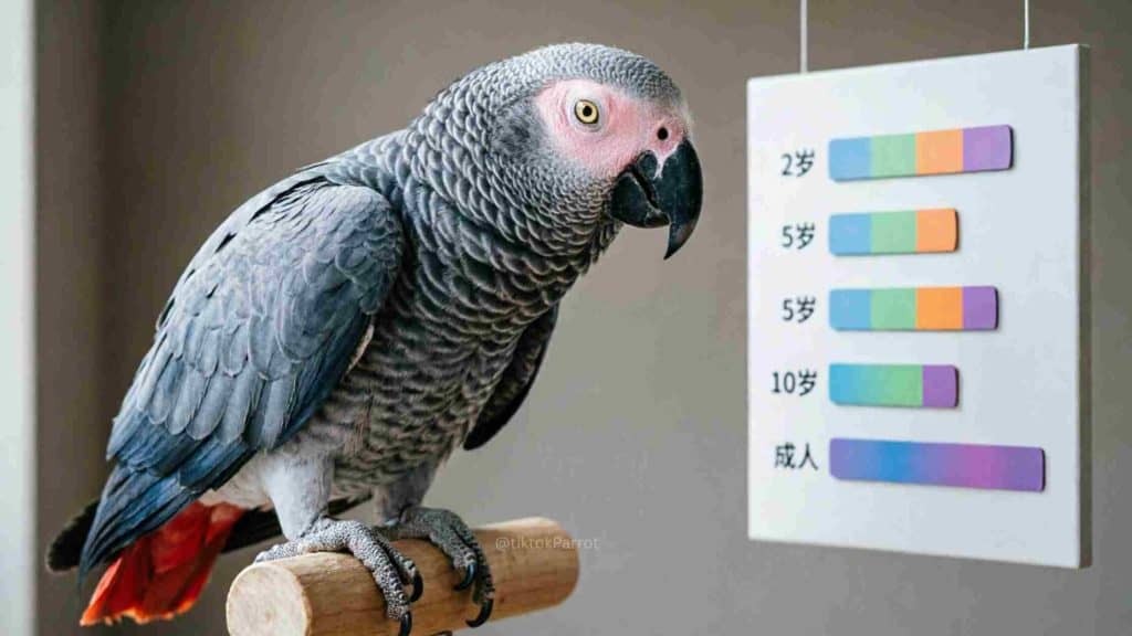 African Grey Parrot perched on a wooden stand with an age ranking chart in the background.