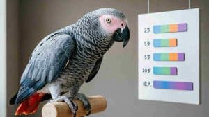 African Grey Parrot perched on a wooden stand with an age ranking chart in the background.