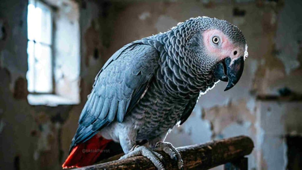 Close-up of an African Grey Parrot perched indoors with a weathered background.
