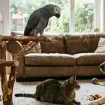 African Grey Parrot perched on a wooden stand with a cat and dog nearby.