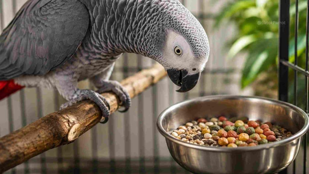 African Grey Parrot eating seeds from a metal bowl inside a cage.
