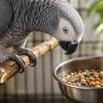 African Grey Parrot eating seeds from a metal bowl inside a cage.