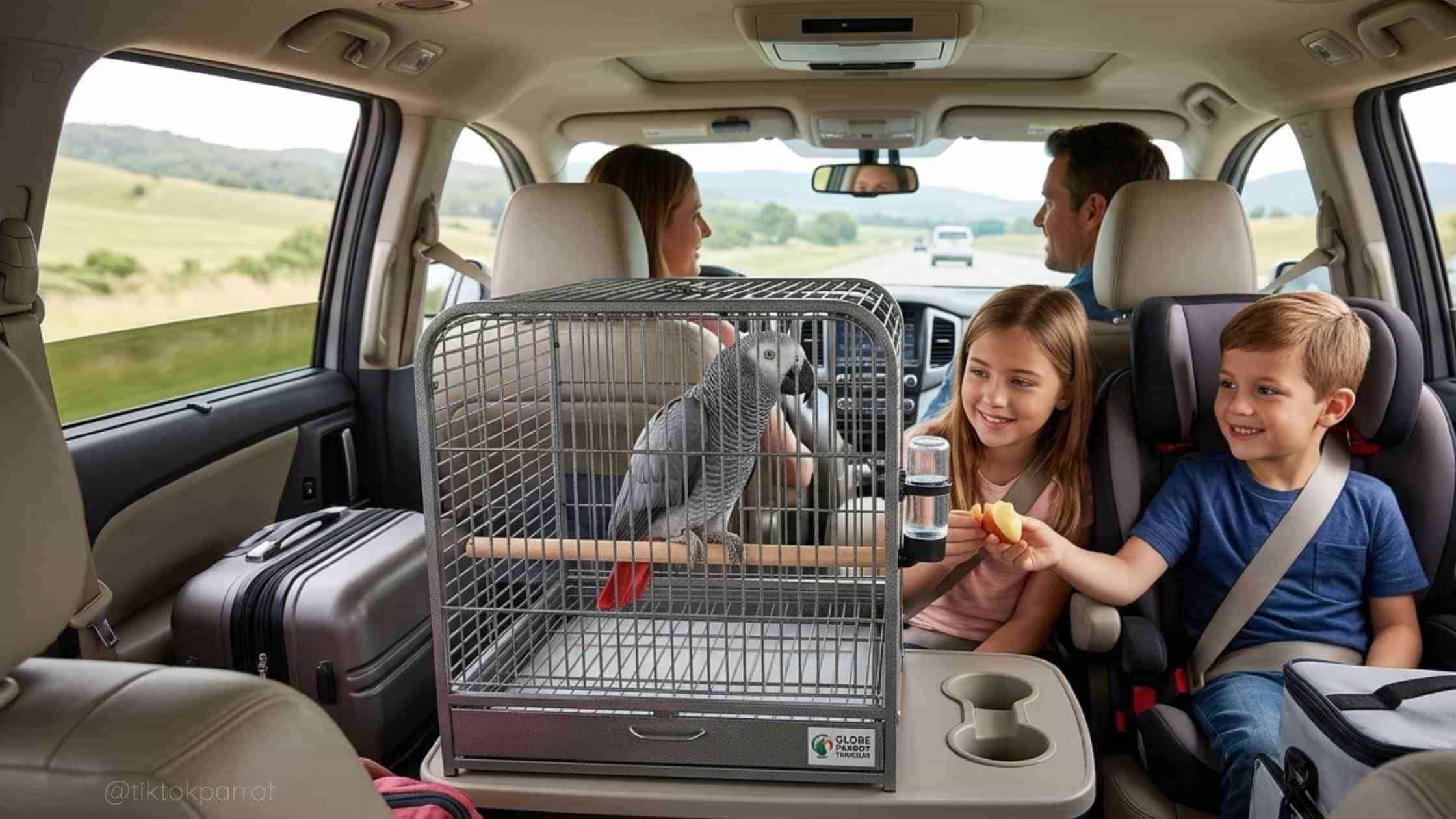 Family traveling with an African Grey Parrot in a car carrier.