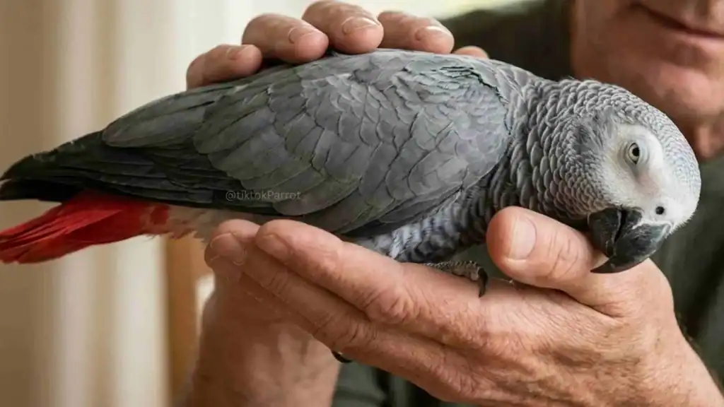 Close-up of an African Grey Parrot perched on a person's hand.
