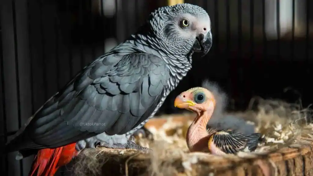 Adult African Grey Parrot with a baby parrot in a nest.
