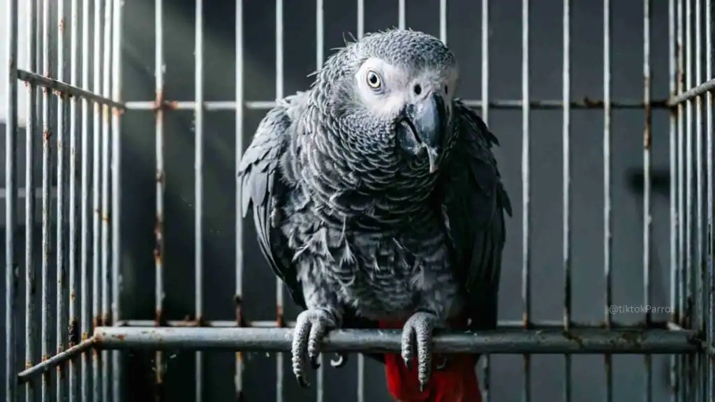 African Grey Parrot inside a cage, looking at the camera.