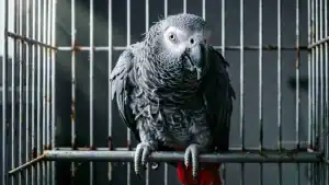 African Grey Parrot inside a cage, looking at the camera.