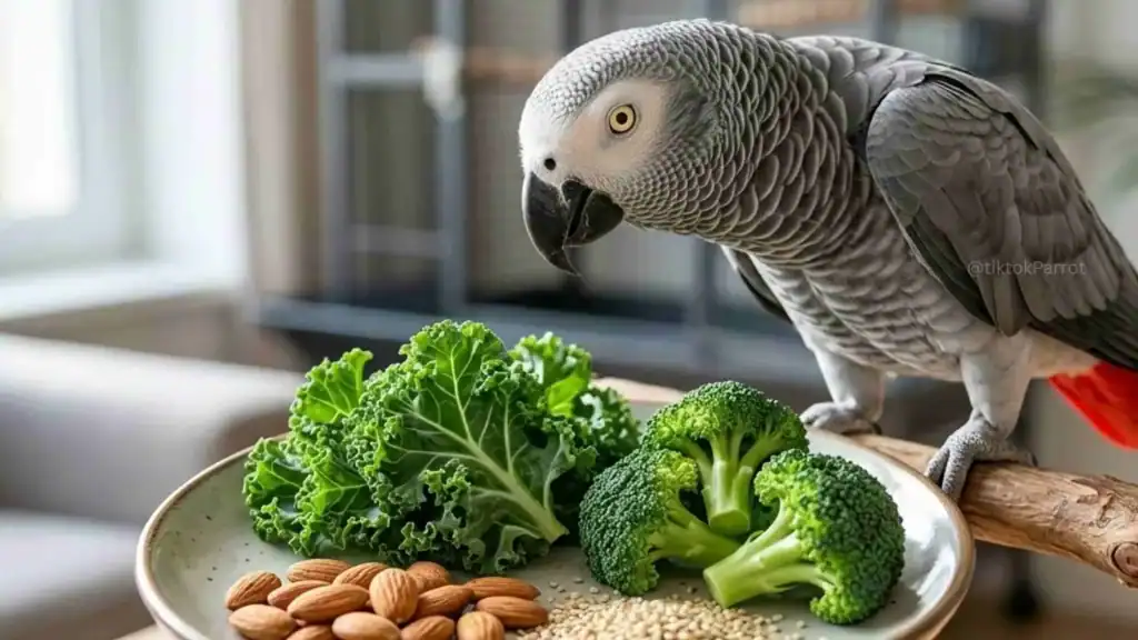 African Grey Parrot with fresh broccoli, kale, and almonds on a plate.