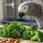 African Grey Parrot with fresh broccoli, kale, and almonds on a plate.