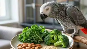 African Grey Parrot with fresh broccoli, kale, and almonds on a plate.