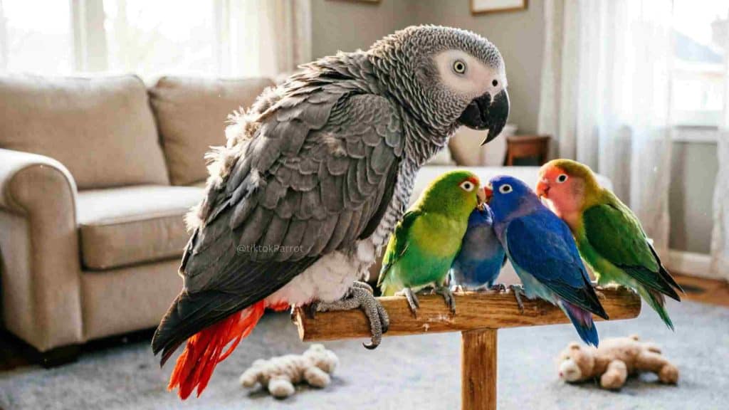 African Grey Parrot with colorful lovebirds on a wooden perch indoors.