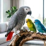 African Grey Parrot with Lovebirds on a wooden perch in a bright room.