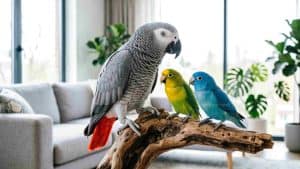 African Grey Parrot with Lovebirds on a wooden perch in a bright room.