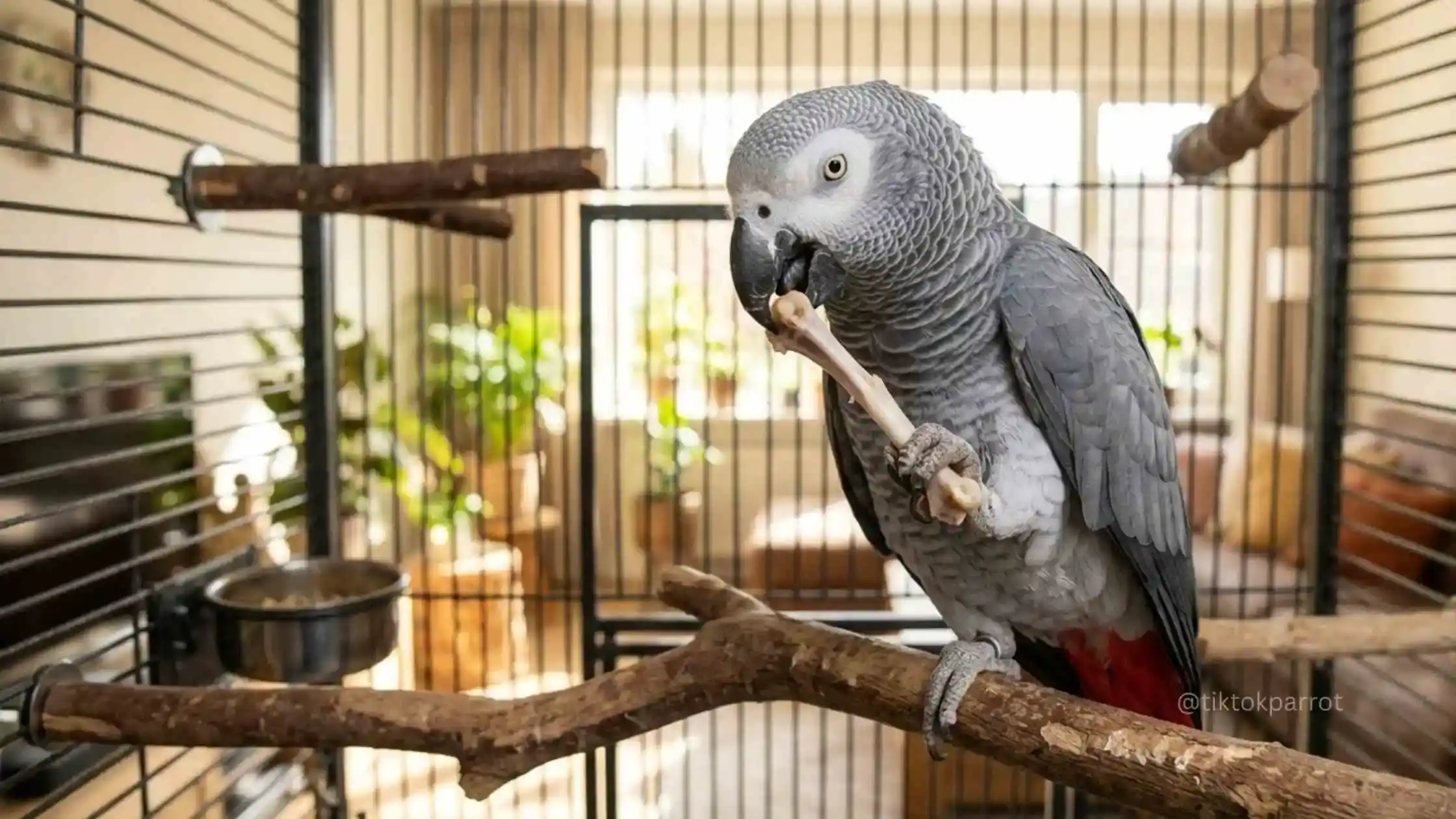 African Grey Parrot holding a chicken bone in its beak inside a cage.