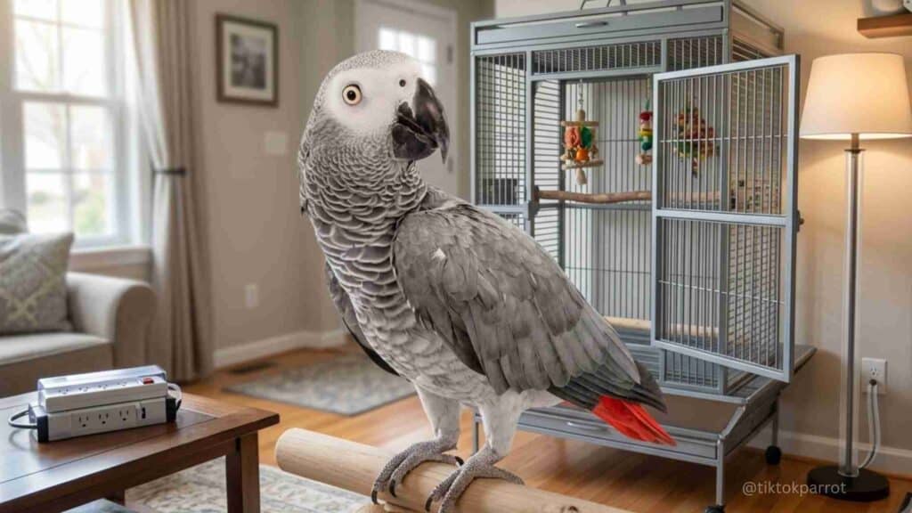 African Grey Parrot inside a home with a cage in the background.