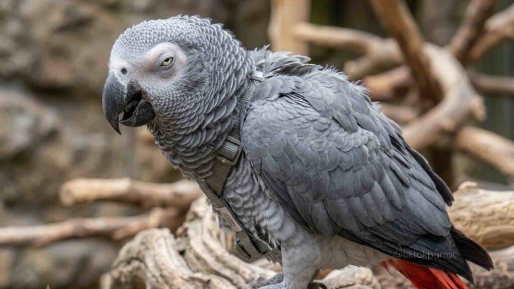 African Grey Parrot with grey feathers and yellow eyes in natural habitat.