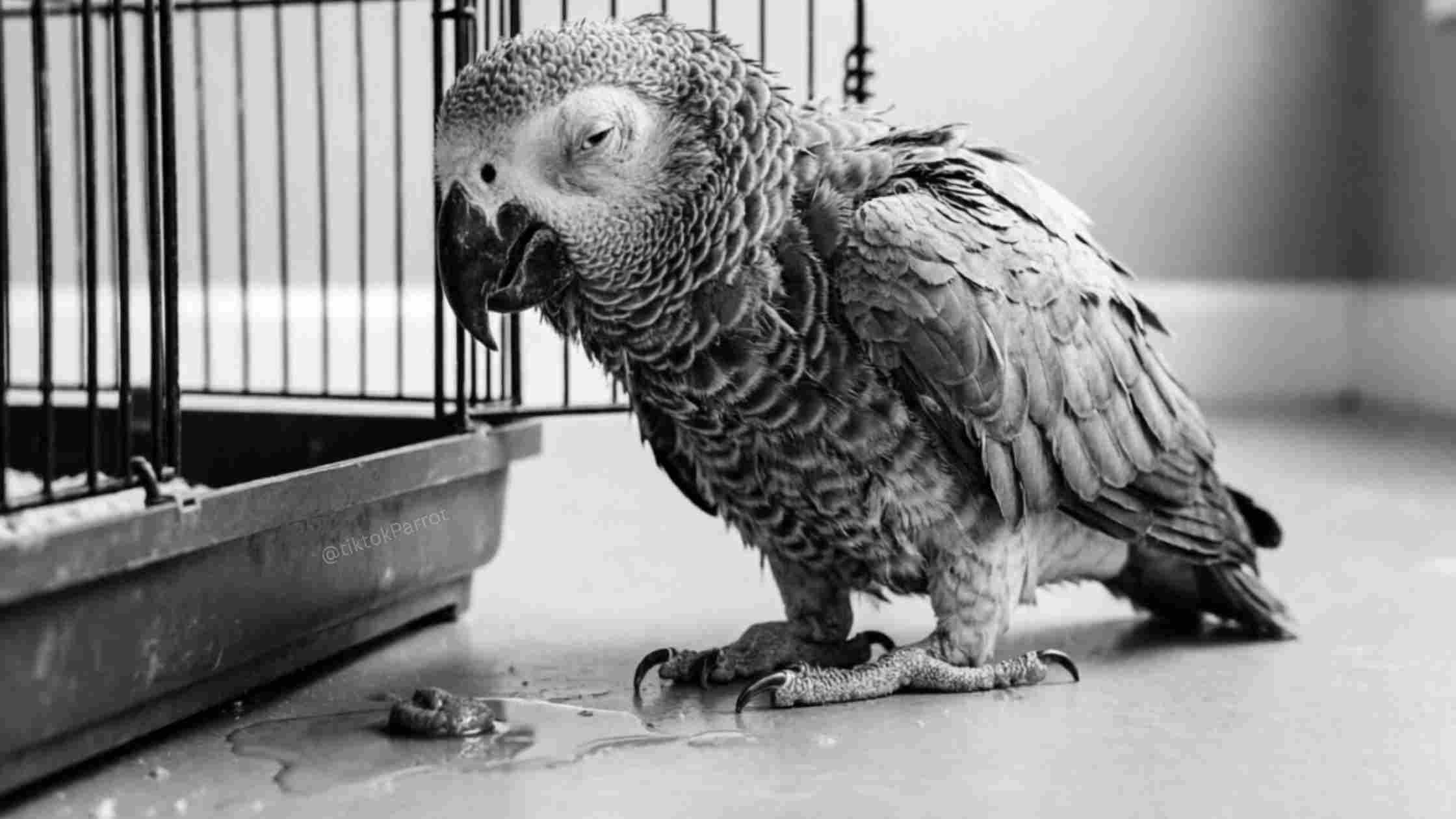 African Grey Parrot resting on the floor near its cage.