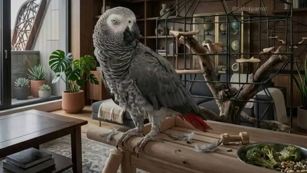 African Grey Parrot perched on a wooden branch in a cozy indoor setting.