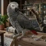 African Grey Parrot perched on a wooden branch in a cozy indoor setting.