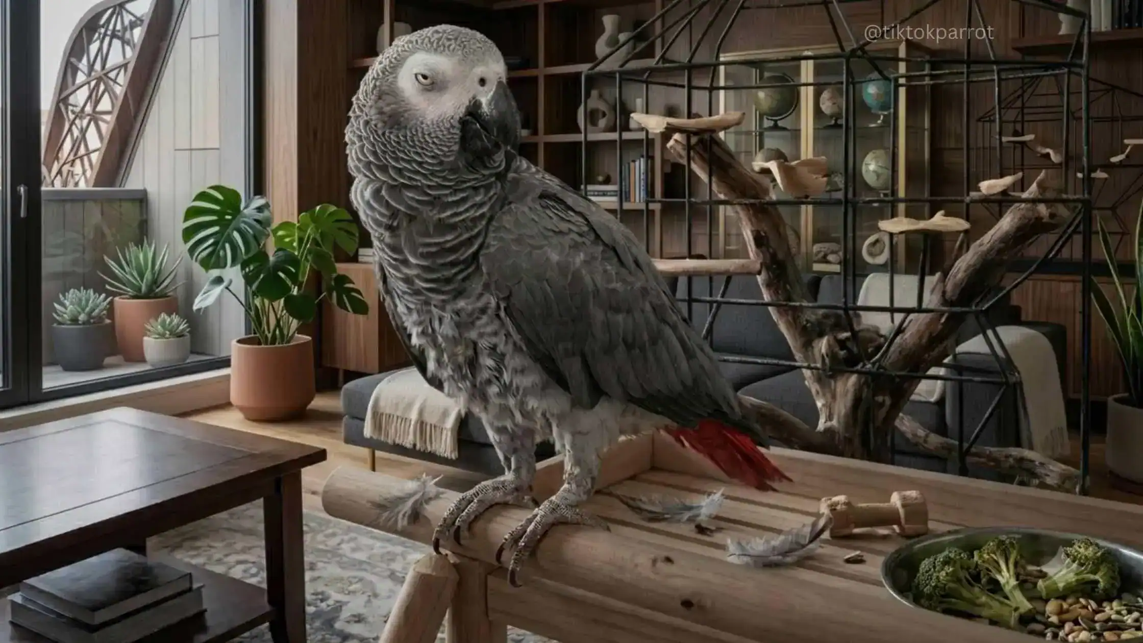 African Grey Parrot perched on a wooden branch in a cozy indoor setting.