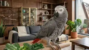 African Grey Parrot perched on a wooden table in a cozy living room.