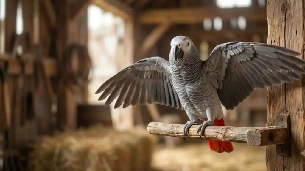 African Grey Parrot with wings spread, perched on a wooden branch in a rustic setting.