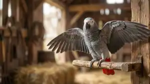 African Grey Parrot with wings spread, perched on a wooden branch in a rustic setting.