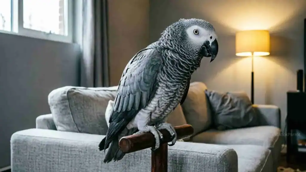African Grey Parrot perched on a wooden stand in a cozy living room.