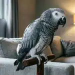 African Grey Parrot perched on a wooden stand in a cozy living room.