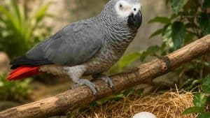 African Grey Parrot perched on a branch with green foliage in background.