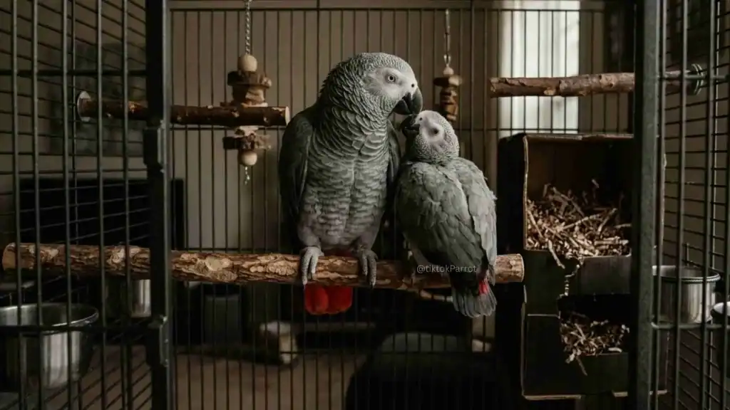 Two African Grey Parrots inside a cage, one adult and one chick.