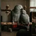 Two African Grey Parrots inside a cage, one adult and one chick.