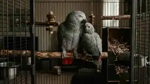 Two African Grey Parrots inside a cage, one adult and one chick.