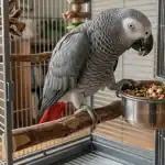 African Grey Parrot eating seeds from a bowl inside a cage.