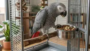 African Grey Parrot eating seeds from a bowl inside a cage.