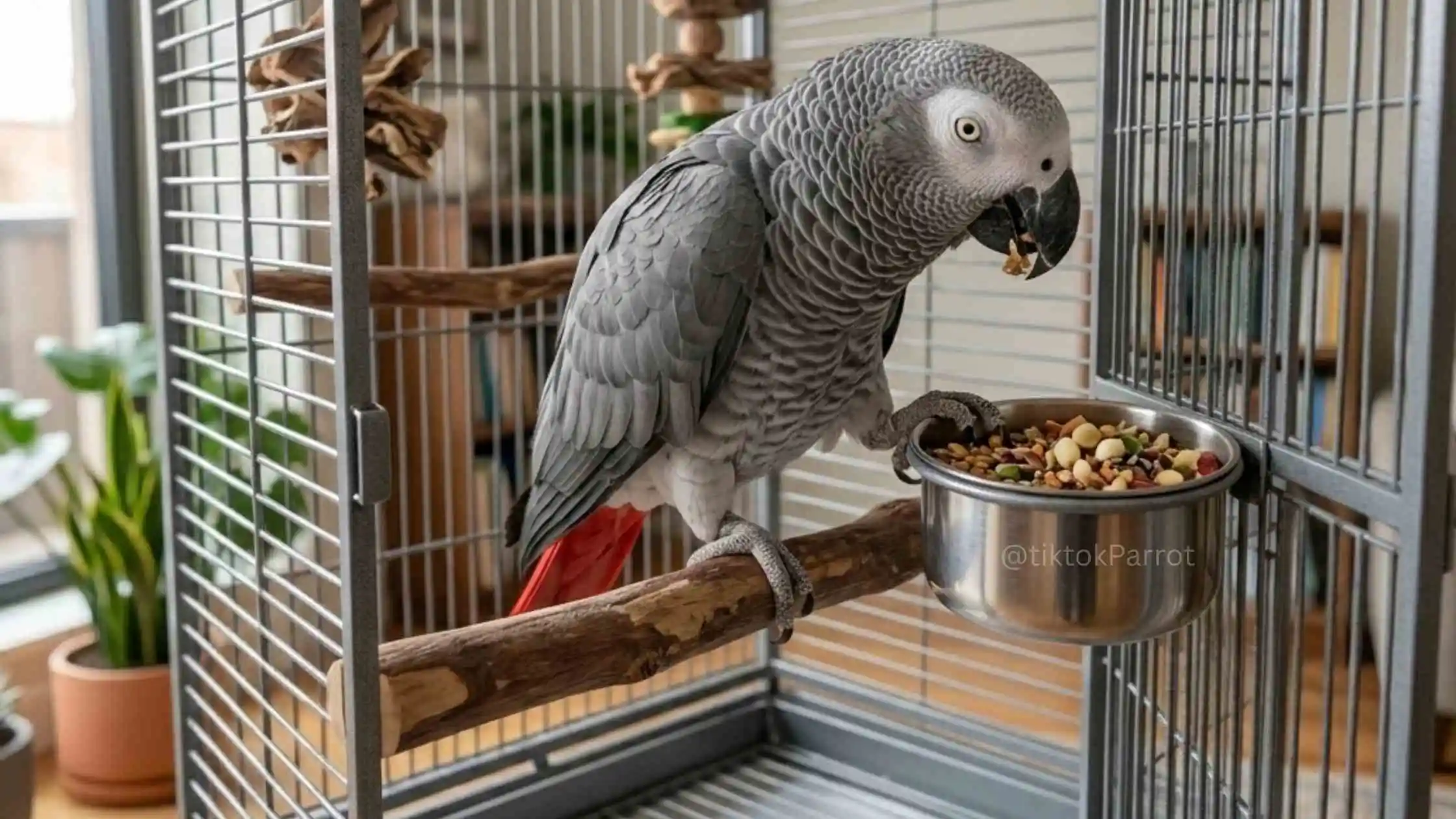 African Grey Parrot eating seeds from a bowl inside a cage.