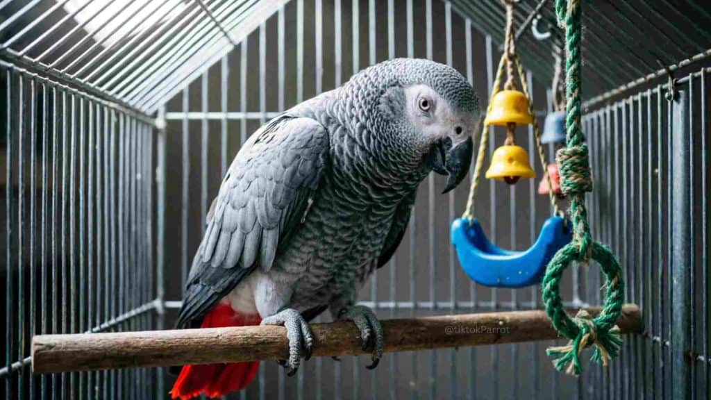 African Grey Parrot perched inside a cage with colorful toys.
