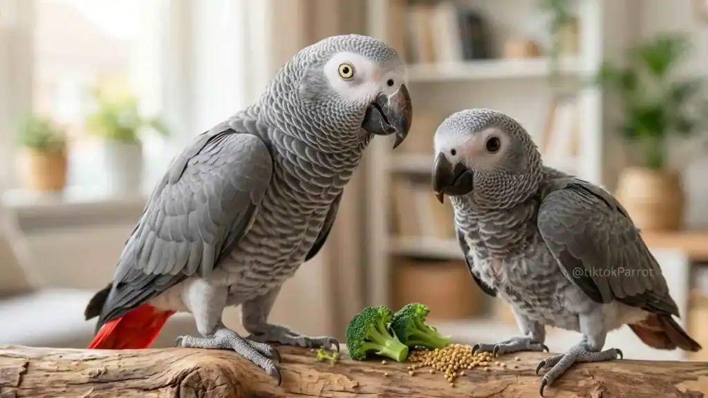 Two African Grey Parrots with a broccoli piece on a wooden surface.