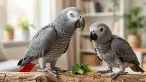 Two African Grey Parrots with a broccoli piece on a wooden surface.