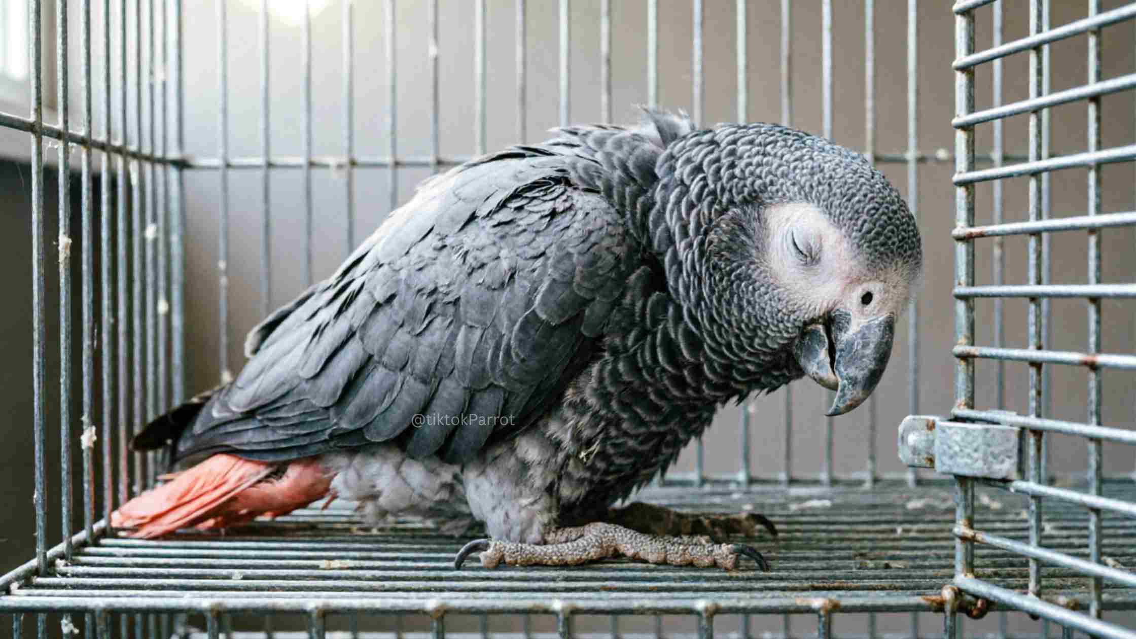 African Grey Parrot in a cage, showing detailed feather texture and calm demeanor.