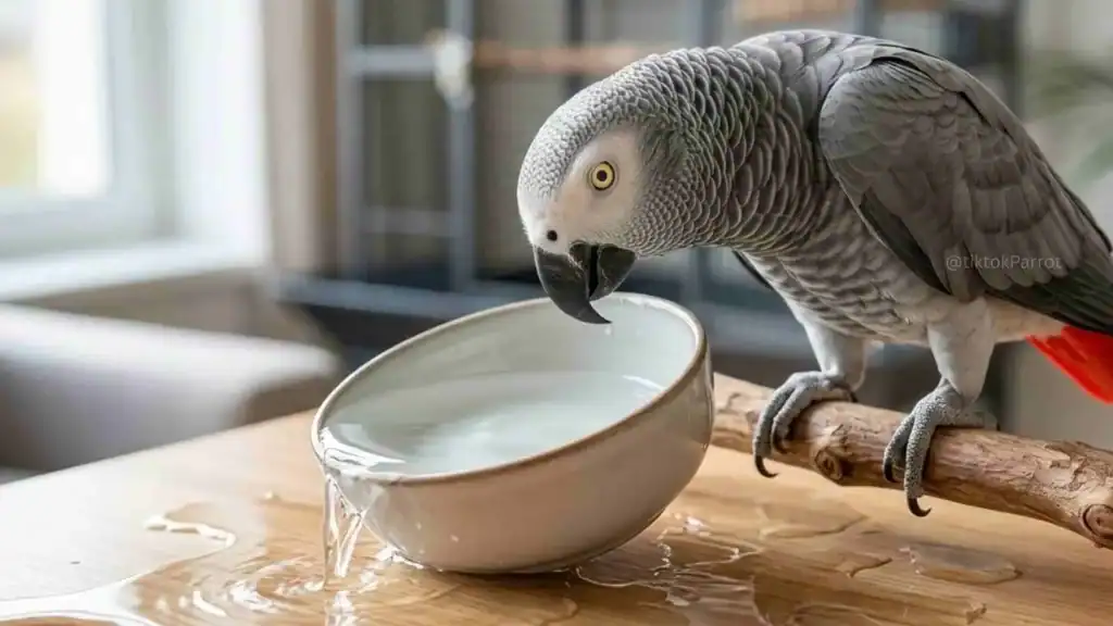 African Grey Parrot drinking water from a bowl on a wooden table.