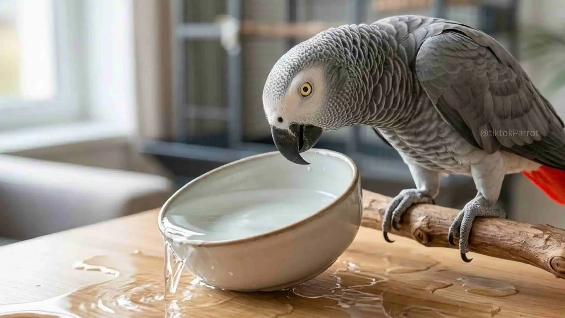 African Grey Parrot drinking water from a bowl on a wooden table.