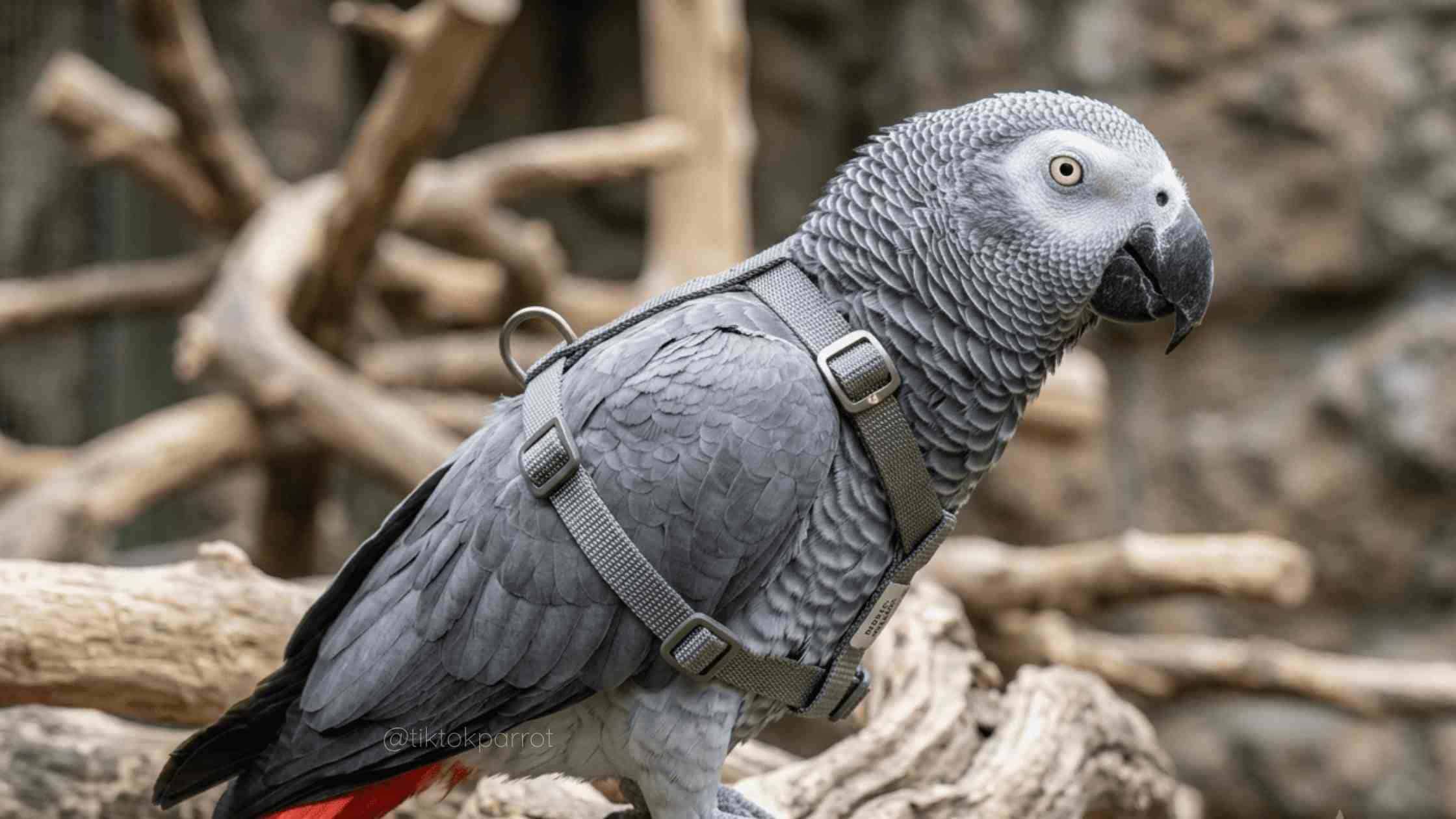 African Grey Parrot wearing a harness in a natural setting.